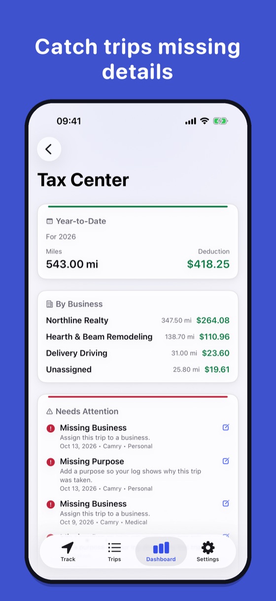 Tax Center flagging trips missing details