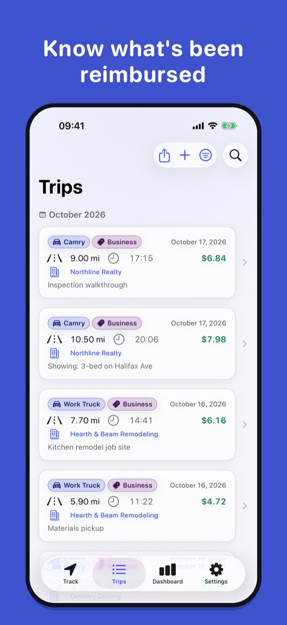 Trip list with reimbursement status