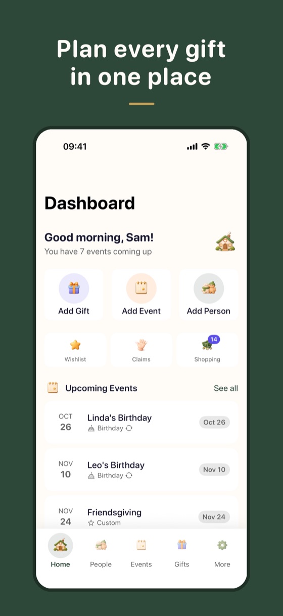 Home screen with upcoming events