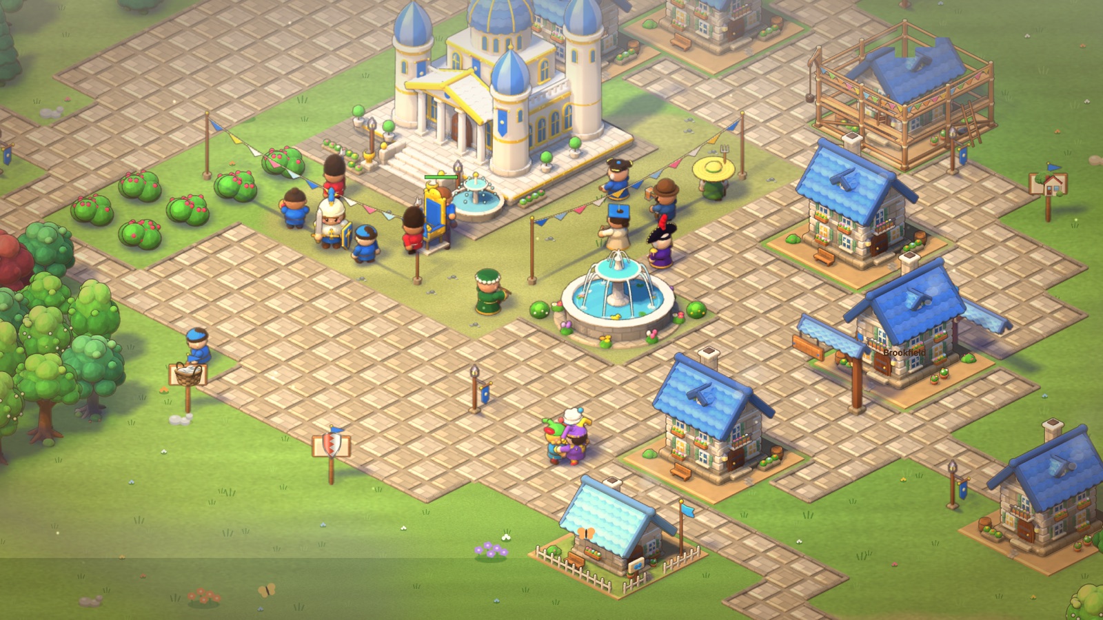 A Dawn of Ages town plaza with a palace, fountains and villagers
