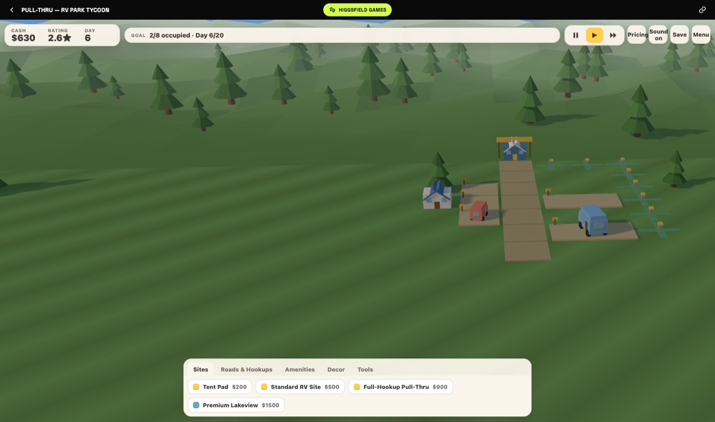 Pull-Thru RV Tycoon: an RV park built on a grid
